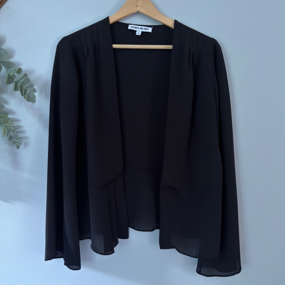 Elizabeth and James Cardigan Black Minimalist Office Chic Open Front Pleated
